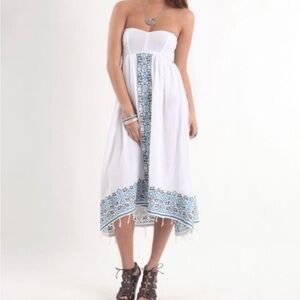 ROXY White Strapless Midi Dress with Blue Tile Panel